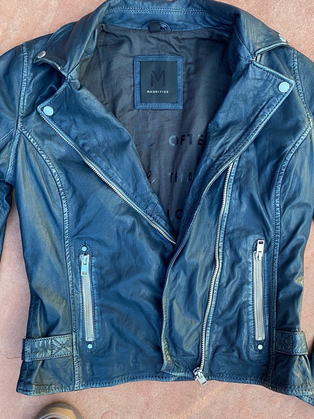 Mauritius Blue Black Leather Moto Jacket Sofia 4RF - Picture 11 of 16